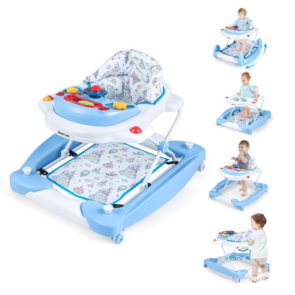 Foldable blue baby walker with adjustable height, music tray, and ergonomic backrest for safe and fun mobility.