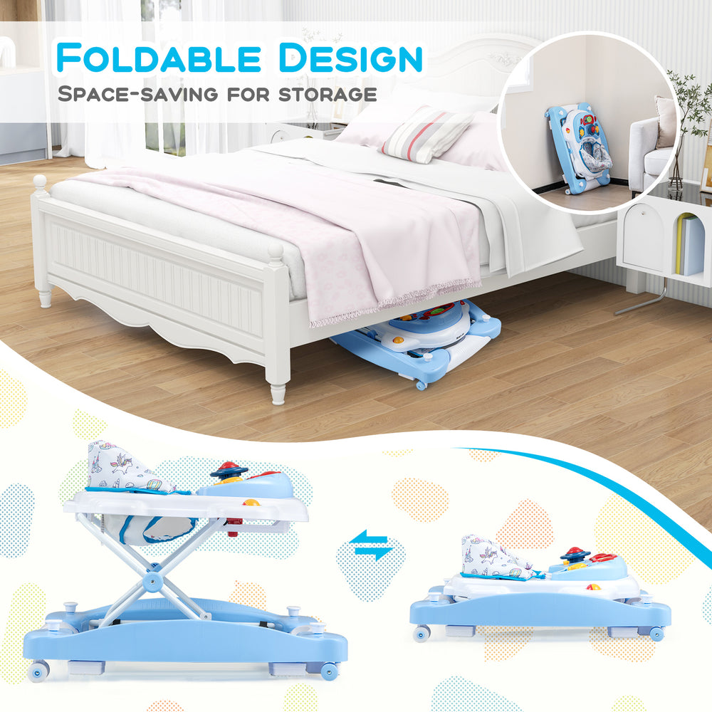 Foldable blue baby walker with adjustable height, music tray, and ergonomic backrest for versatile use and easy storage.