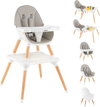 5-in-1 baby wooden high chair in gray with removable cushion and adjustable tray for safe feeding and playtime.