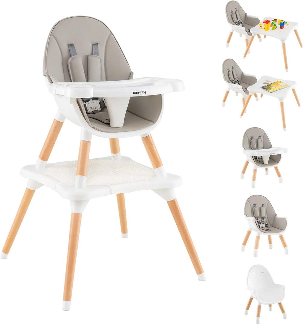 5-in-1 baby wooden high chair in gray with removable cushion and adjustable tray for safe feeding and playtime.