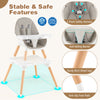 5-in-1 baby wooden high chair in gray with sturdy beechwood legs, 5-point safety harness, and anti-slip foot pads.