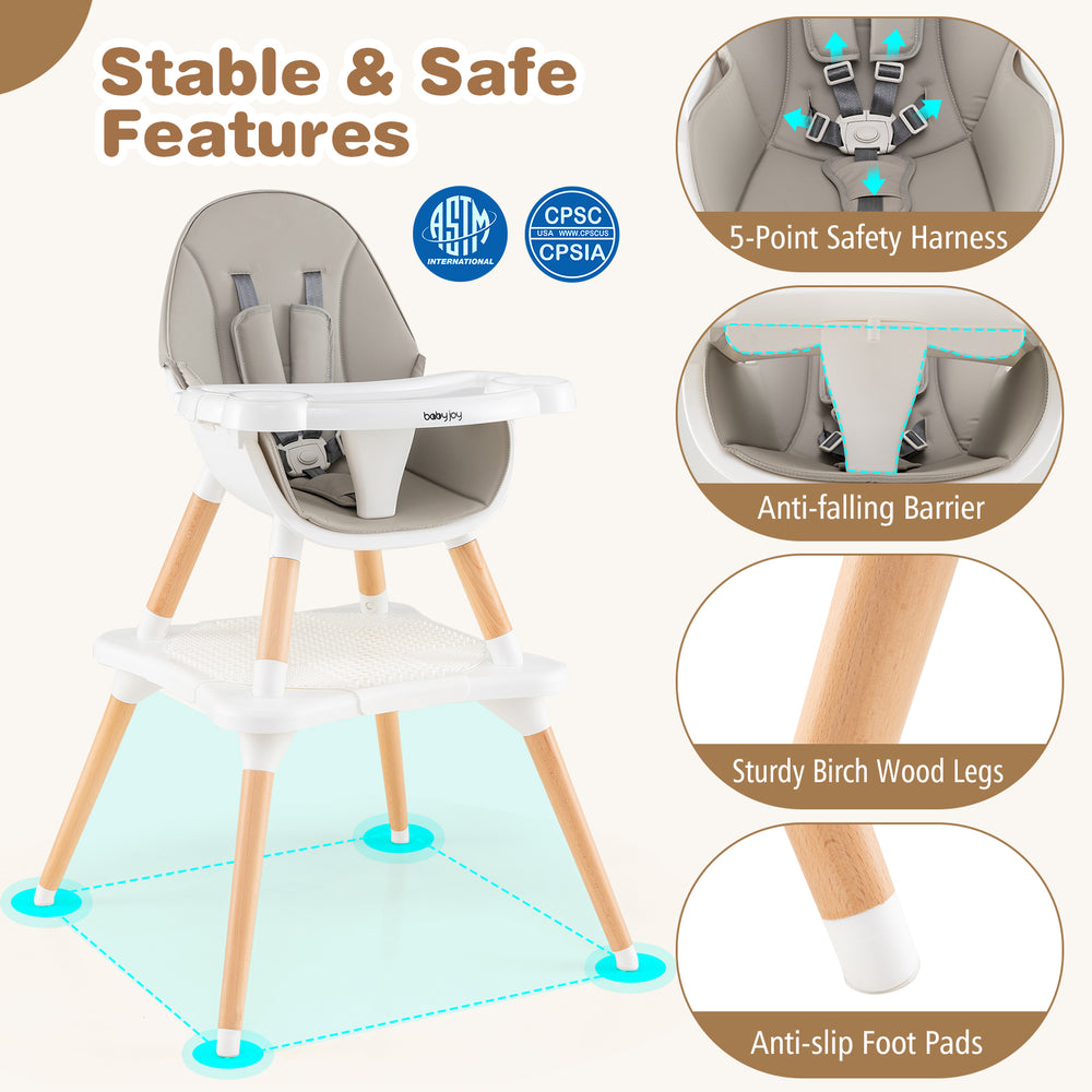 5-in-1 baby wooden high chair in gray with sturdy beechwood legs, 5-point safety harness, and anti-slip foot pads.