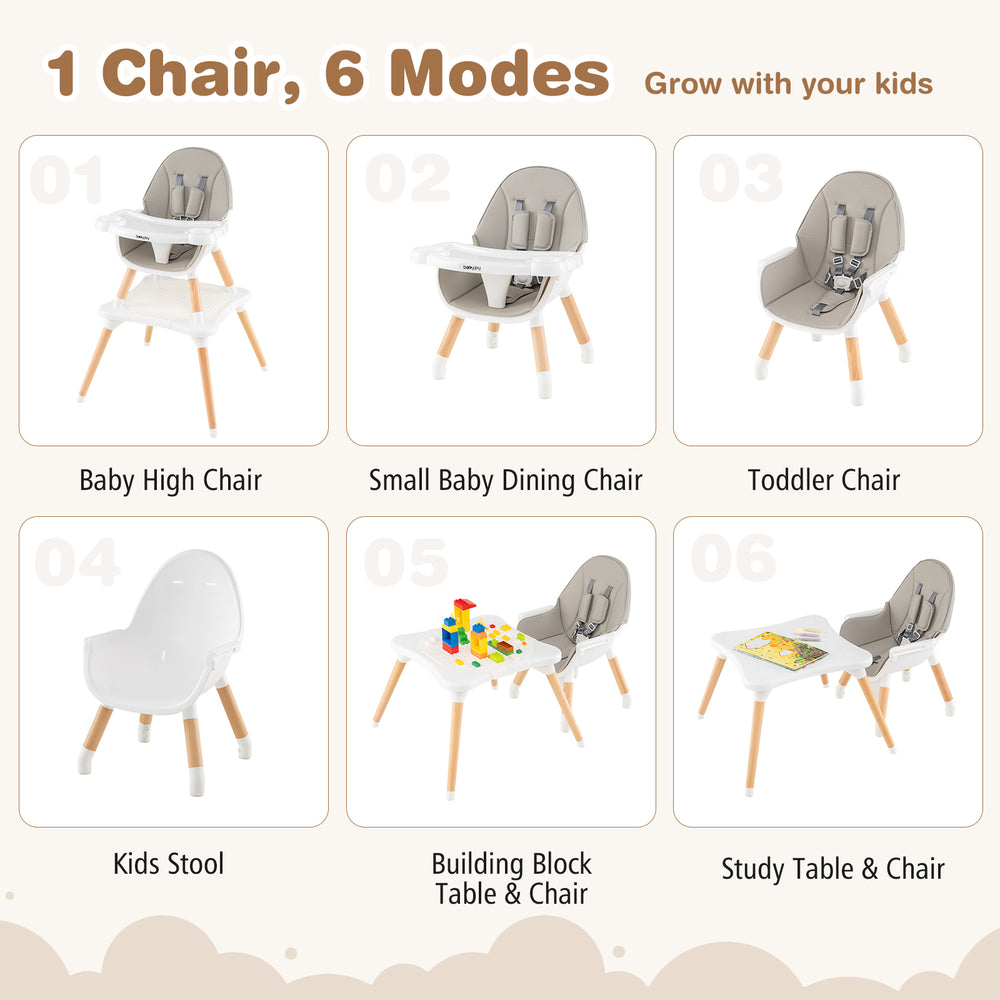 5-in-1 baby high chair in gray, showcasing multiple modes: high chair, toddler chair, and study table for versatile use.