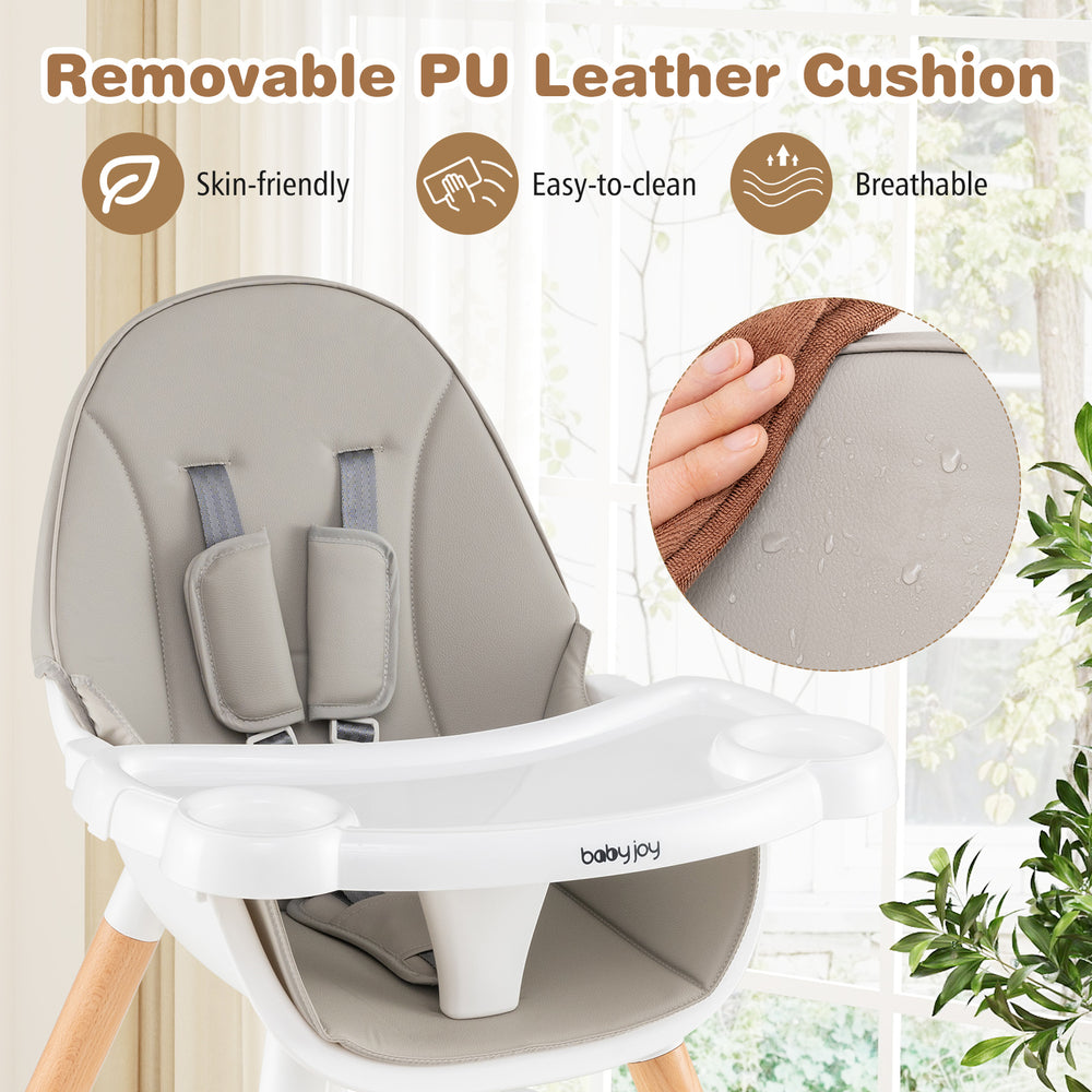 Removable PU leather cushion of the 5-in-1 baby wooden high chair in gray, offering comfort and easy cleaning.