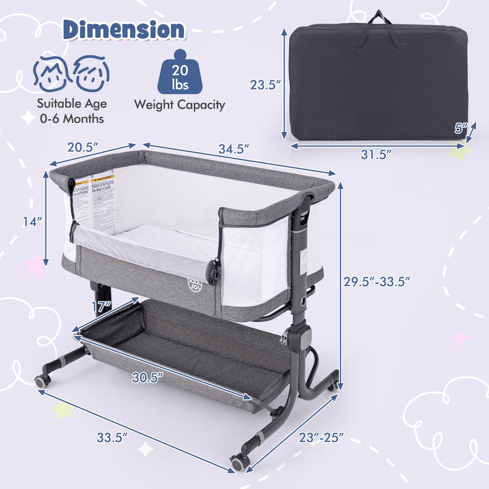Baby bassinet bedside sleeper in gray with adjustable height, anti-reflux feature, and bottom storage for baby.