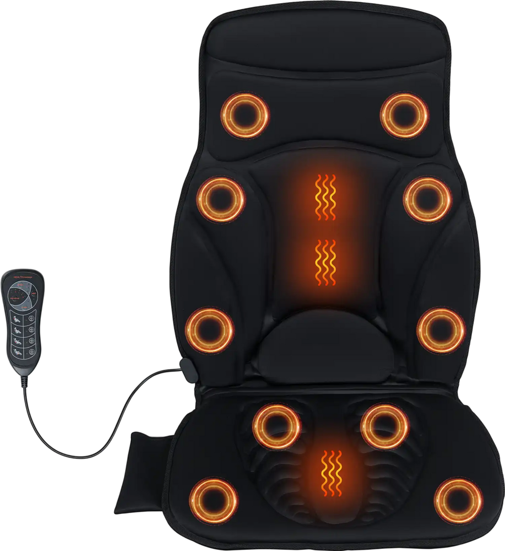 Back massager seat cushion in black with heat and 10 vibration motors for pain relief, suitable for sofa or office.
