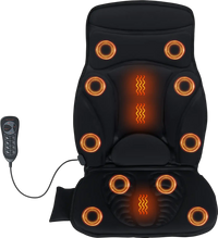 Back massager seat cushion in black with heat and 10 vibration motors for pain relief, suitable for sofa or office.