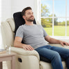 Back massager seat cushion in black with a man relaxing, featuring 10 vibration motors for pain relief on a recliner.