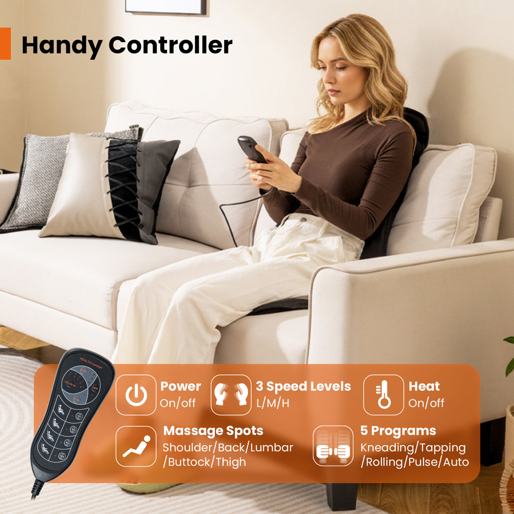 Back massager seat cushion in black with handy controller, featuring 10 vibration motors for pain relief and relaxation.