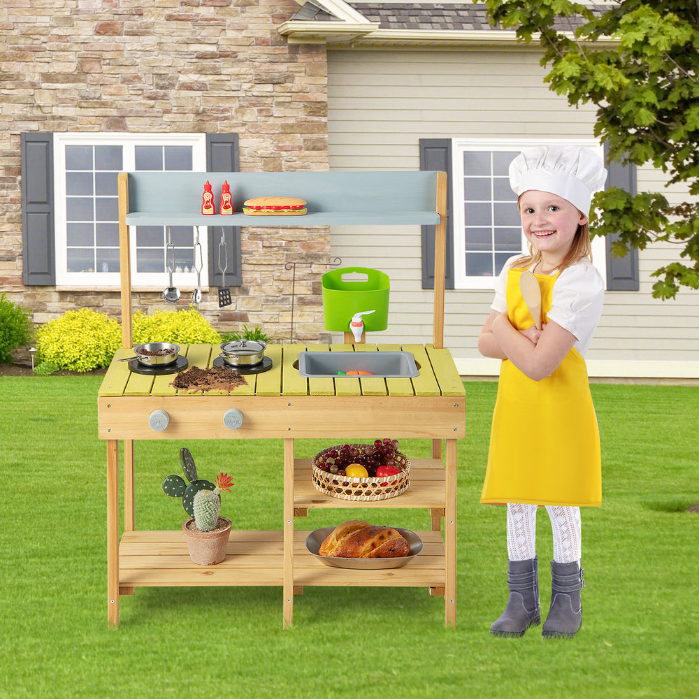 Backyard pretend play toy kitchen with stove top, solid pine wood, includes shelves and hooks for outdoor fun.