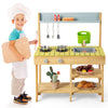 Backyard pretend play toy kitchen with stove top, solid pine wood, multiple shelves, ideal for outdoor playtime.