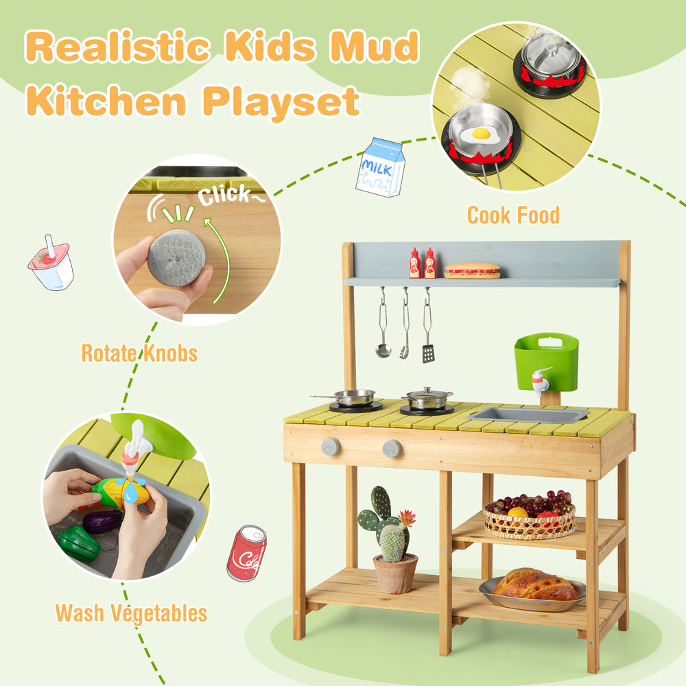 Backyard pretend play toy kitchen with stove top, solid pine wood, features rotatable knobs and ample storage for.