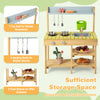 Backyard pretend play toy kitchen with stove top, solid pine wood, multiple shelves, and hooks for organized play.