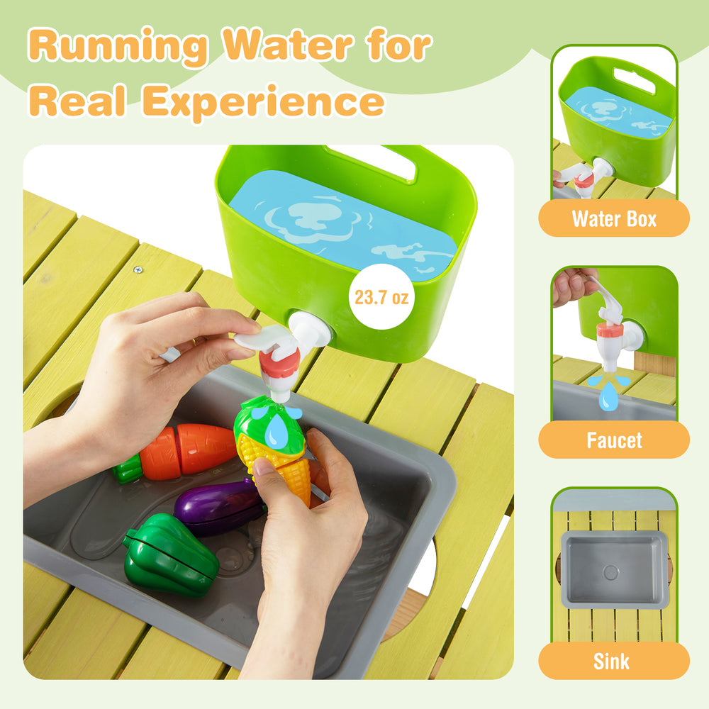 Backyard pretend play kitchen with faucet and water box, featuring solid pine wood construction for durable outdoor fun.