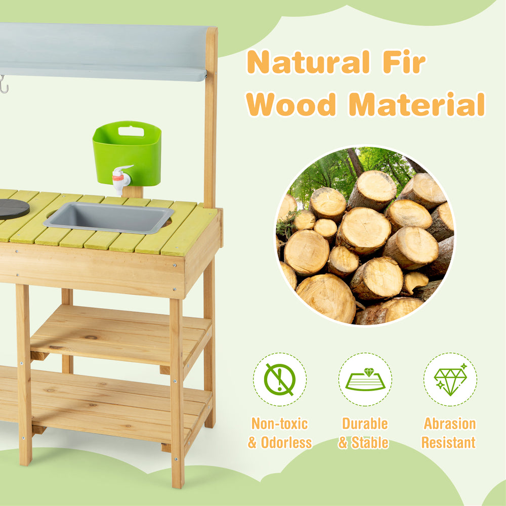 Backyard pretend play toy kitchen made of natural fir wood, featuring a stove top and ample storage for outdoor fun.