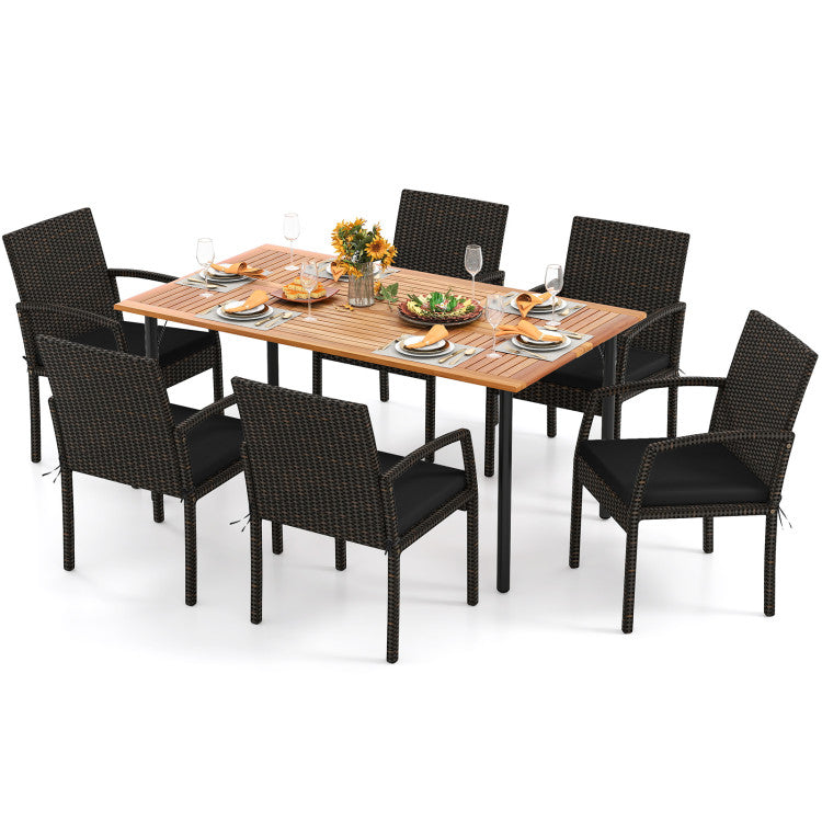 7-piece outdoor dining set featuring a wooden tabletop and black woven chairs, perfect for backyard gatherings.