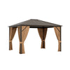 All-weather gazebo with zippered curtains and aluminum frame, perfect for outdoor dining and relaxation.