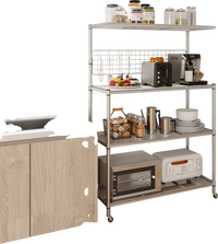 Close-up of the 4-tier bakers rack on wheels, showcasing its sturdy metal structure and removable S-shaped hanging.