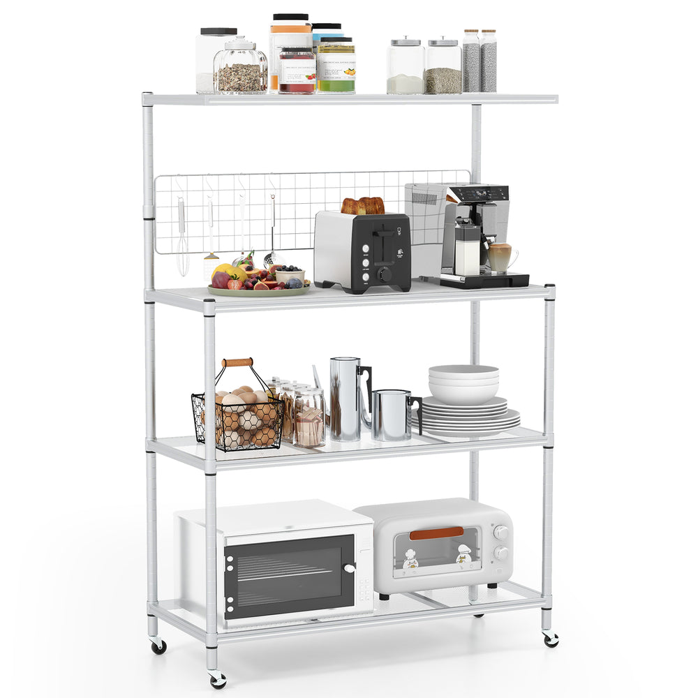Side view of the 4-tier bakers rack on wheels in silver, showcasing ample storage for kitchen appliances and utensils.