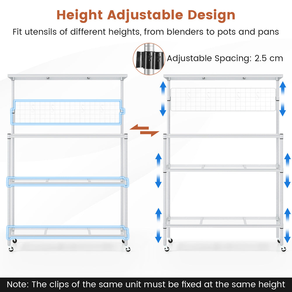 4-tier bakers rack on wheels in silver with adjustable shelves, ideal for organizing kitchen utensils and appliances.