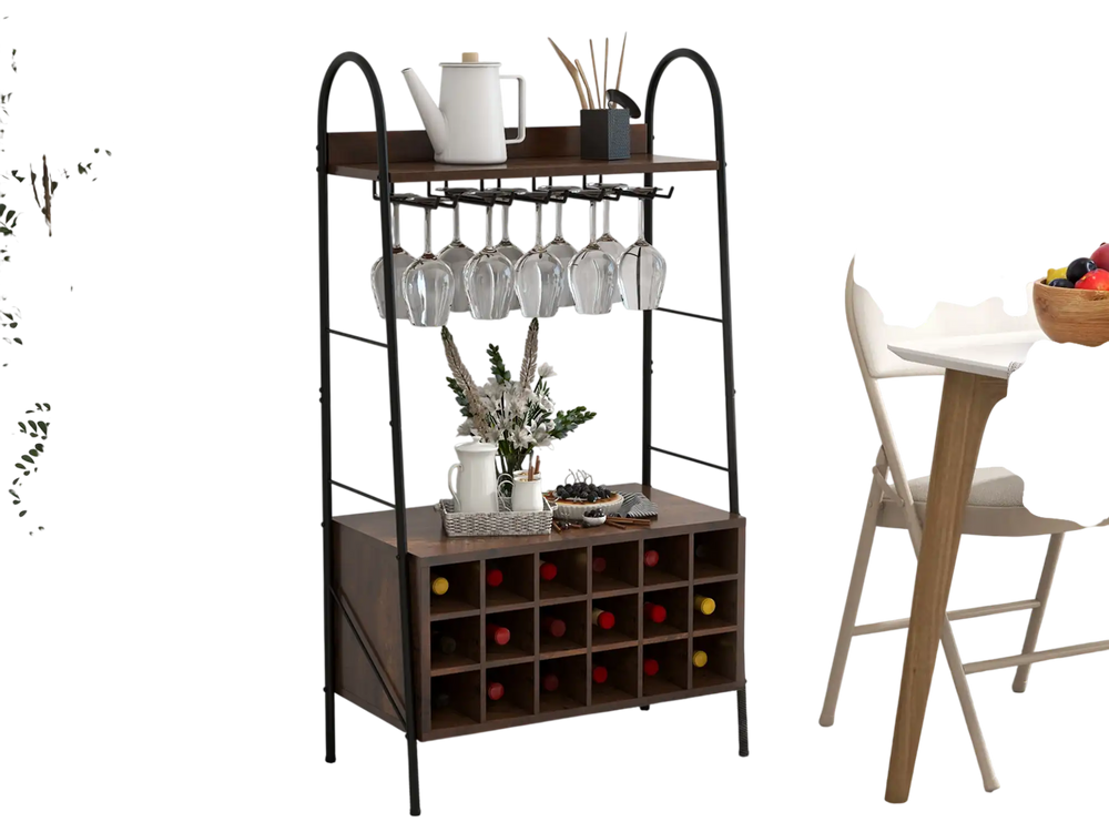 Baker's rack in rustic brown with detachable wine rack, holding 18 bottles and 15 glasses, ideal for kitchen or dining.
