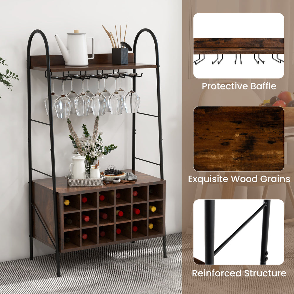 Rustic brown baker's rack showcasing exquisite wood grains and a protective baffle, perfect for stylish wine storage.