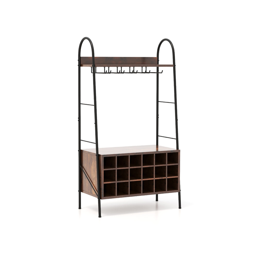 Baker's rack in rustic brown with detachable wine rack, 5 rows for glasses, and extra storage for kitchen or dining.