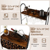 Rustic brown baker's rack featuring a detachable wine rack for 18 bottles and 5 rows for 15 glasses, ideal for kitchen.