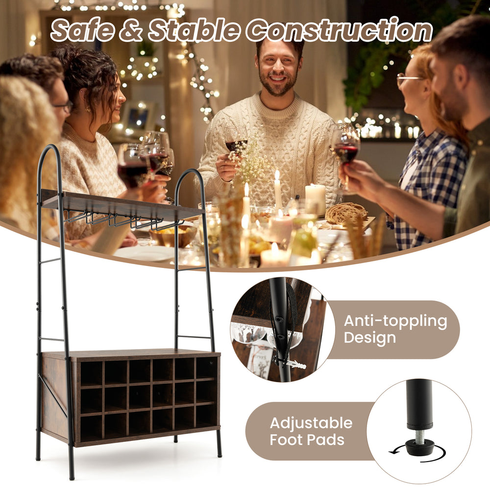 Baker's rack in rustic brown featuring a detachable wine rack, 5 rows for glasses, and adjustable foot pads for.