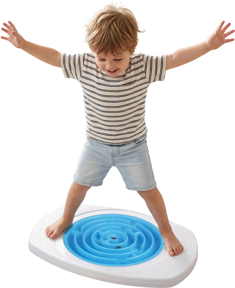 Child joyfully balances on the Balance Board Maze for Kids, designed with anti-slip surface and three maze discs for safety.