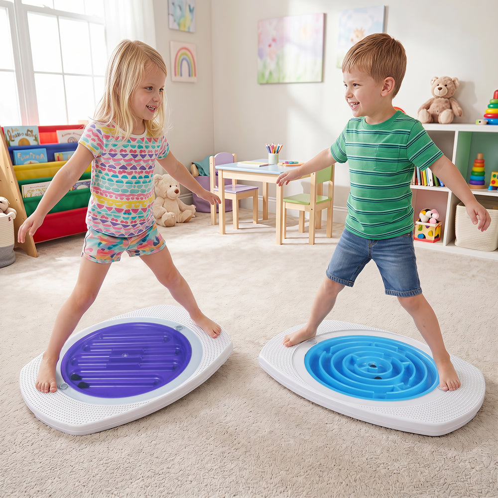 Two children play on the Balance Board Maze for Kids, featuring three maze discs and an anti-slip surface for safe fun.