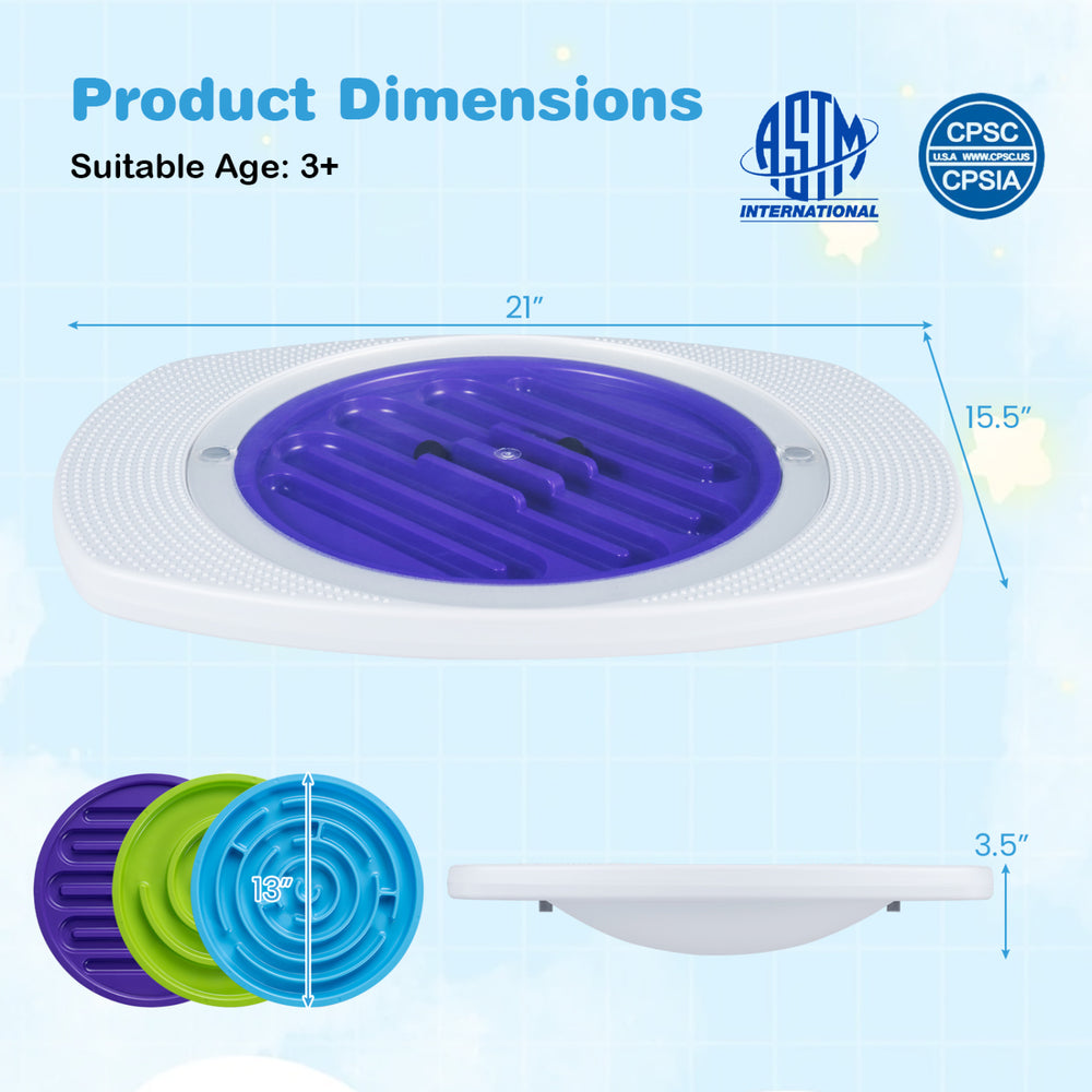 Top view of the Balance Board Maze for Kids showing dimensions, three maze discs, and a smooth surface for safe play.