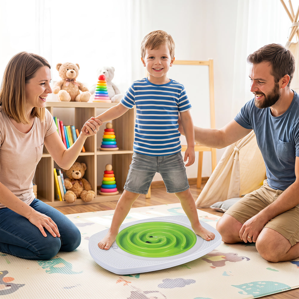 Child stands on the Balance Board Maze for Kids with a smooth rotating base, designed to enhance balance and coordination.