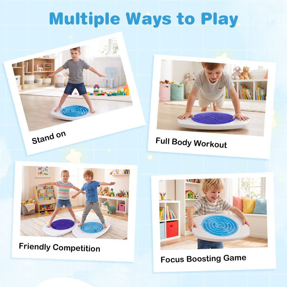 Balance Board Maze for kids featuring three maze discs, anti-slip surface, and 140 lbs capacity for safe balancing fun.