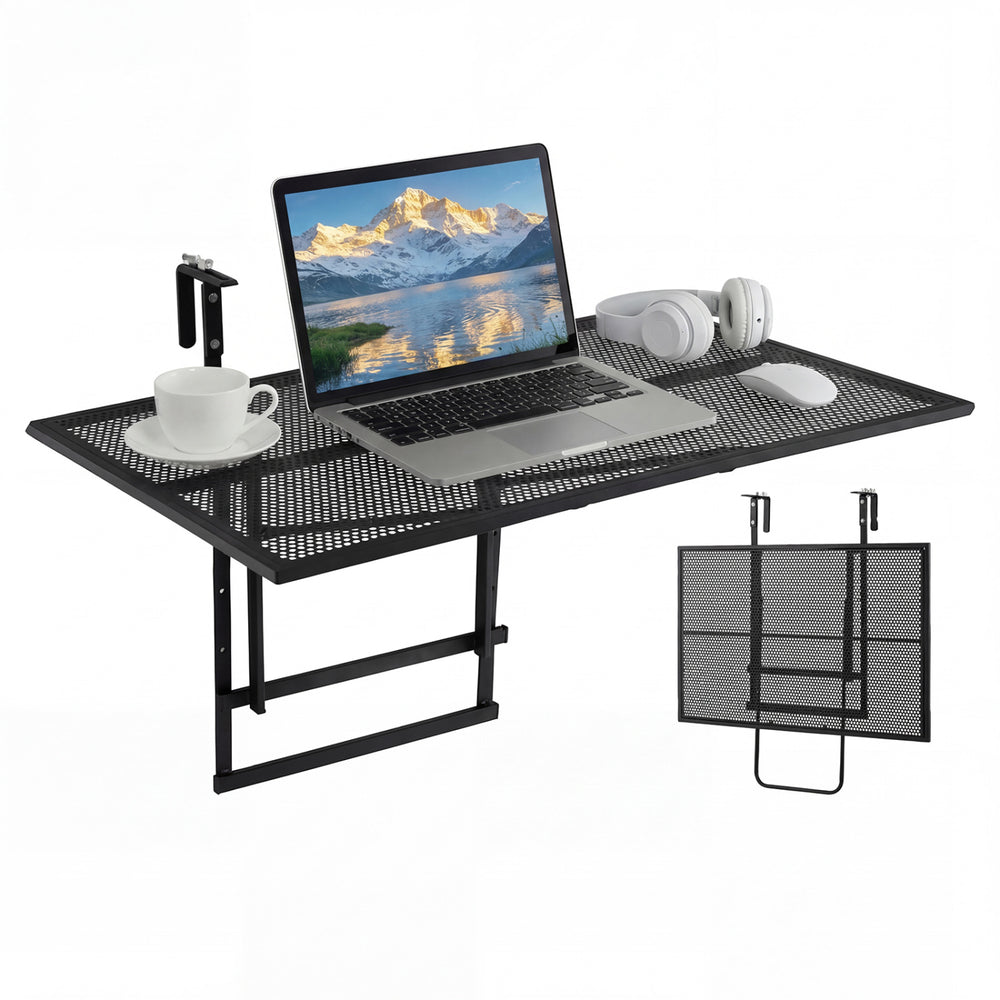 Large black metal folding bar table with adjustable height, perfect for laptops and snacks on a balcony.