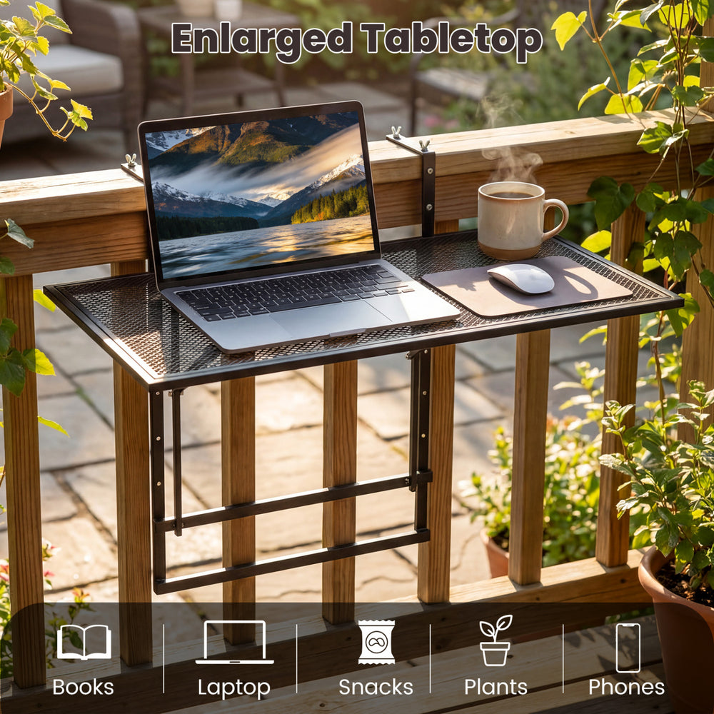 Large metal folding bar table with adjustable height, perfect for laptops and snacks on balcony railings.