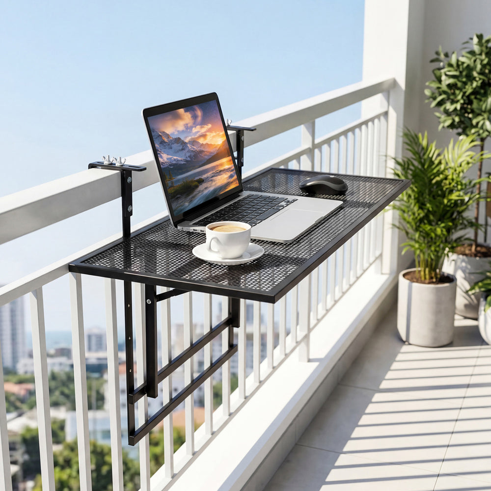 Large metal folding bar table with adjustable height, perfect for balconies, supporting laptops and snacks.