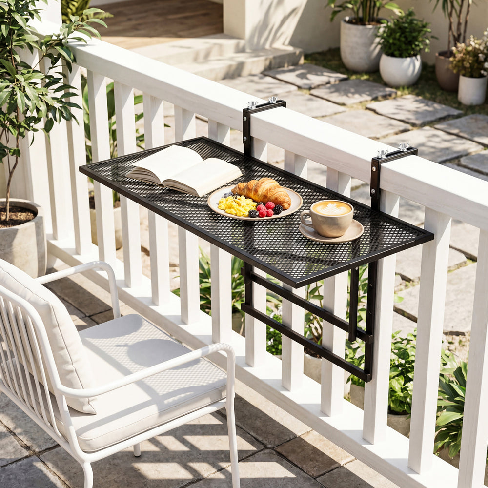 Large metal folding bar table with adjustable height, perfect for snacks and drinks on balcony railings.