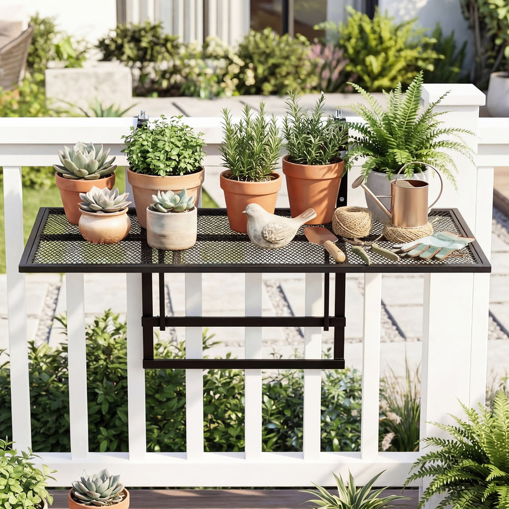 Large metal folding bar table with potted plants, adjustable height, and sturdy design for balcony use.