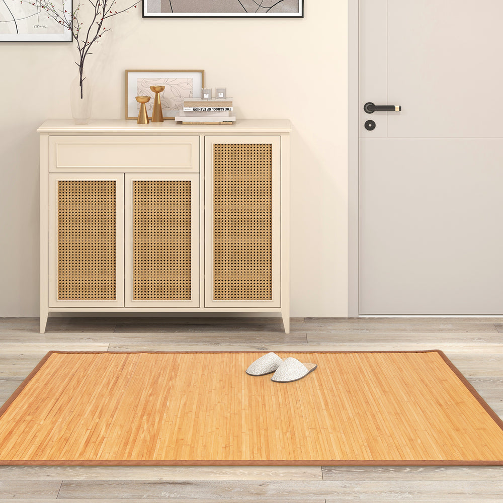 Bamboo floor mat placed in a living room, 5 x 8 feet with anti-slip backing, enhancing comfort and style.