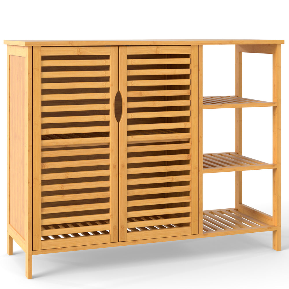 Bamboo bathroom cabinet showcasing open shelves and a slatted design, perfect for storage in various home areas.