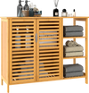 Bamboo bathroom cabinet top view showcasing a spacious surface with decorative items and towels for organized storage.