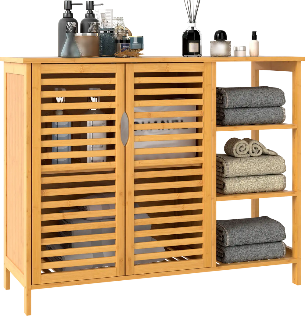 Bamboo bathroom cabinet top view showcasing a spacious surface with decorative items and towels for organized storage.