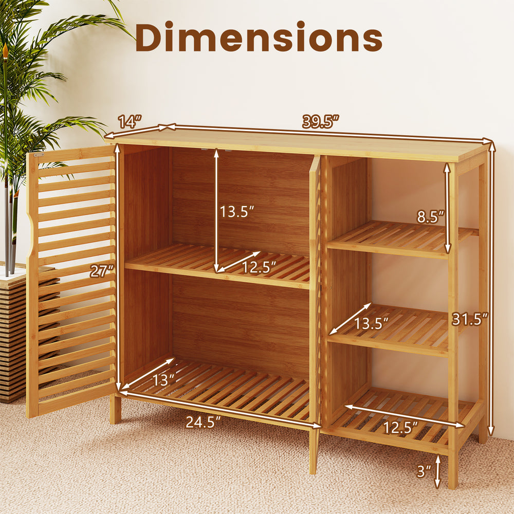 Bamboo bathroom cabinet with 2 doors and open shelves, featuring slatted design and anti-tipping kit for versatile.