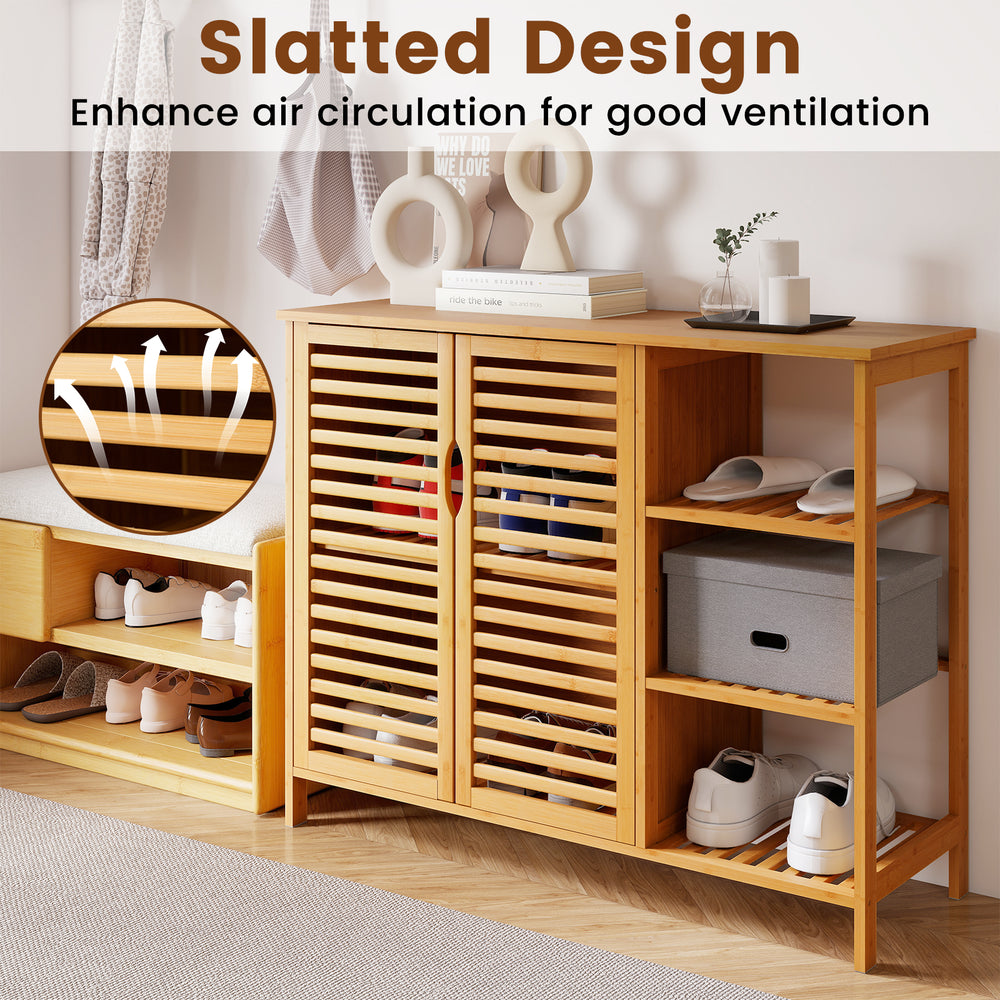 Bamboo bathroom cabinet with slatted design, 2-door storage, and open shelves for easy access and ventilation.