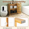 Bamboo bathroom cabinet with 2 doors and open shelves, featuring anti-tipping device and non-slip foot pads for.