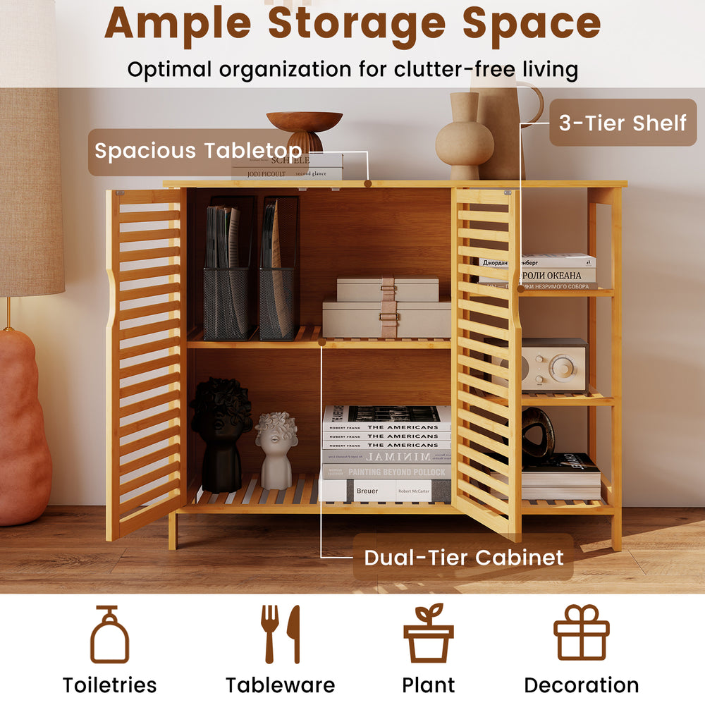 Bamboo bathroom cabinet with 2 doors, open shelves, and slatted design for optimal storage and easy access.