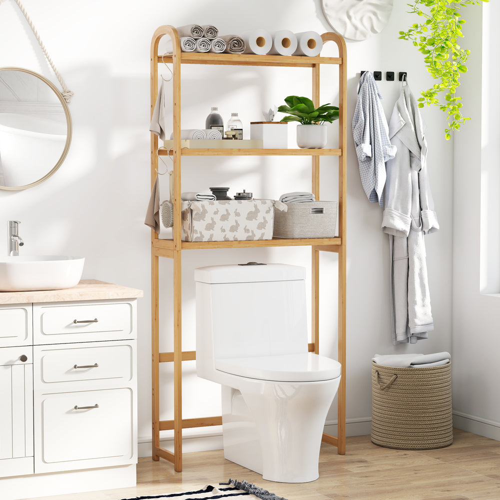 Bamboo bathroom floor organizer showcasing a natural finish, perfect for storing toiletries and enhancing bathroom.