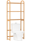 3-tier bamboo bathroom organizer with adjustable shelves, hooks, and slatted design for efficient storage and air flow.