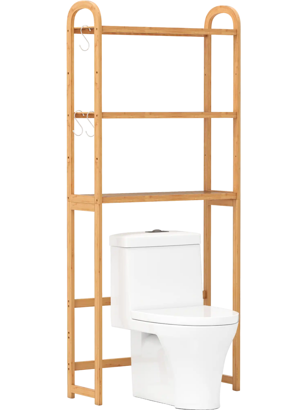 3-tier bamboo bathroom organizer with adjustable shelves, hooks, and slatted design for efficient storage and air flow.